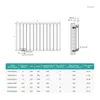 Diagrams and a table showing dimensions and specifications of a radiator. Náhled obrázku produktu