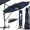 A collage of images showing a navy blue cantilever umbrella in various states and with accessories. Náhled obrázku produktu