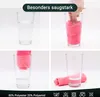 Four images showing a glass of water and a pink microfiber cloth demonstrating absorbency. Produktbild-Vorschau