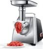 A Bosch ProPower meat grinder is shown in operation, grinding meat, with a pile of ground meat on a white plate in the foreground. Voir les images du produit