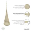 A beige hanging chair with descriptive text and close-up images of its features. Náhľad obrázku produktu