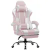 A pink and white gaming chair with a headrest and lumbar pillow, shown from the front on a white background. Náhled obrázku produktu