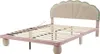 A bed frame with a headboard and mattress support slats, shown against a white background. The headboard has a scalloped edge with LED lights. Podgląd zdjęcia produktu