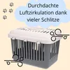 A pet carrier with text and graphics indicating good air circulation. Produktbild-Vorschau