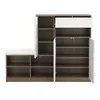 A shoe cabinet with a bench and open doors, showcasing its shelves and drawer. Produktbild-Vorschau