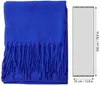 A folded blue scarf with fringes is shown next to a diagram indicating its dimensions. Produktbild-Vorschau