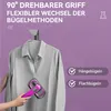 A person is steaming a gray shirt with a pink handheld garment steamer. The background is purple with text overlays and icons. Produktbild-Vorschau