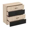 A four-drawer chest of drawers with a wood-grain finish and black drawer fronts. Voir les images du produit