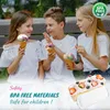 Three children sitting on a bench eating ice cream cones, with a product shot of a dessert in the foreground. Produktbild-Vorschau