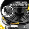 Close-up view of a black citrus juicer's pulp filter with text overlays explaining its adjustable feature. Produktbild-Vorschau