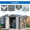 A collage showing details of a garden shed and a full view of the shed with a bicycle and wheelbarrow inside. Produktbild-Vorschau