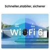 A house with a driveway and garage, overlaid with graphics indicating Wi-Fi 6 coverage and frequencies. Produktbild-Vorschau