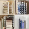 Collage of images showing multi-layered hangers for organizing clothes like pants and ties in a closet. Produktbild-Vorschau