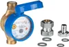 A water meter and its accessories are displayed against a white background. Produktbild-Vorschau