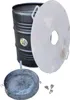 A set of barbecue accessories including a barrel, a large circular grill plate, a smaller circular grate, and three small metal clips, all displayed against a white background. Produktbild-Vorschau