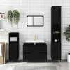 A black bathroom vanity set with a sink, mirror, and two storage cabinets against a white tiled wall. Anteprima dell’immagine prodotto