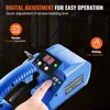 A close-up shot of a blue battery-powered strapping tool with a digital display, showing a finger pressing a button. Produktbild-Vorschau