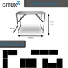 A collage showing a folding table with dimensions and different combination arrangements. Produktbild-Vorschau