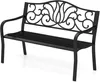 A black metal garden bench with a decorative backrest is shown against a white background. Podgląd zdjęcia produktu