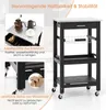 A black kitchen cart with a stainless steel top, drawer, basket, and shelves, shown with close-up details of its features. Náhled obrázku produktu