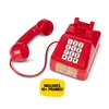 A red novelty telephone with a handset and a yellow sticker indicating it includes pranks. Podgląd zdjęcia produktu