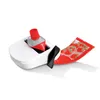 A white tube squeezer with a red-capped tube of tomato paste inserted, and the squeezed tube of tomato paste extending to the right. Produktbild-Vorschau