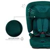 Close-up of a green car seat with an inset showing a detail of the fabric and text describing an airflow system. Produktbild-Vorschau