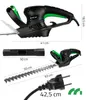 A collage of images showing a hedge trimmer and its components, with dimensions indicated. Náhľad obrázku produktu
