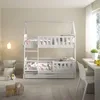 A white wooden bunk bed with bedding in a child's room. Produktbild-Vorschau