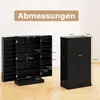 A black cabinet with its doors open, showing shelves and dimensions, next to a closed view of the same cabinet with dimensions. Podgląd zdjęcia produktu