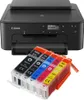 A black Canon printer with a set of five ink cartridges in front of it. Produktbild-Vorschau