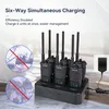 A six-way charging station with multiple walkie-talkies plugged in, with promotional text overlay. Anteprima dell’immagine prodotto