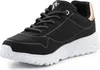A black Skechers Uno Lite sneaker with a white sole and rose gold accents. Voir les images du produit