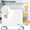 A white electric heater with wheels is shown in a room setting, with text overlays highlighting its features. Produktbild-Vorschau