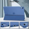 A blue iPad case is displayed on a white surface with a blue background. The image includes close-up shots of the case's features. Produktbild-Vorschau