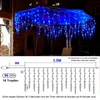 Blue LED icicle lights draped over an umbrella at night, with a diagram showing product specifications below. Produktbild-Vorschau
