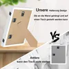 A comparison image showing the back of a white picture frame with a stand, contrasted with a smaller image of the back of another frame, with German text highlighting features. Produktbild-Vorschau