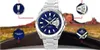 A Casio Edifice watch is shown in the center, with four close-up insets highlighting specific features. The background depicts a scenic desert landscape with a road. Produktbild-Vorschau