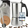 A stainless steel espresso maker with accessories, presented with a rating badge. Anteprima dell’immagine prodotto