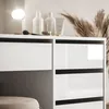 A close-up view of a white vanity table with drawers and makeup products on top. Náhled obrázku produktu