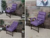 A collage of three images showing a purple upholstered chair with a metal frame in different settings and angles. Produktbild-Vorschau