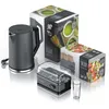 A collection of kitchen appliances, including a kettle, egg cooker, and measuring cup, along with their packaging. Voir les images du produit