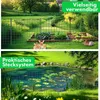 A split image showing a garden fence in use in two different outdoor settings: protecting a garden bed with rabbits and surrounding a pond. Produktbild-Vorschau