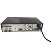 The back panel of a black DVB-T2 receiver tuner is shown against a white background. Various ports and labels are visible, and a power cable is plugged into the unit. Voir les images du produit