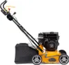 A yellow and black gasoline-powered lawn scarifier with a grass collection bag, shown from a side angle against a white background. Produktbild-Vorschau