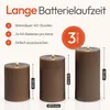 Three brown LED candles of different sizes are displayed with text and measurements indicating features and dimensions. Anteprima dell’immagine prodotto