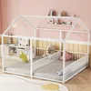 A child's bedroom with a white house-shaped bed frame, decorated with stuffed animals and shelves. Produktbild-Vorschau