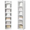 Two white bookshelves filled with various boxes and books, shown side-by-side against a white background. Produktbild-Vorschau