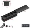 A black aluminum power strip with four outlets, shown with dimensions and included accessories. Produktbild-Vorschau