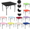 A collage of square table covers in various colors, shown on folding tables, with some close-up shots demonstrating how to put on the cover. Produktbild-Vorschau